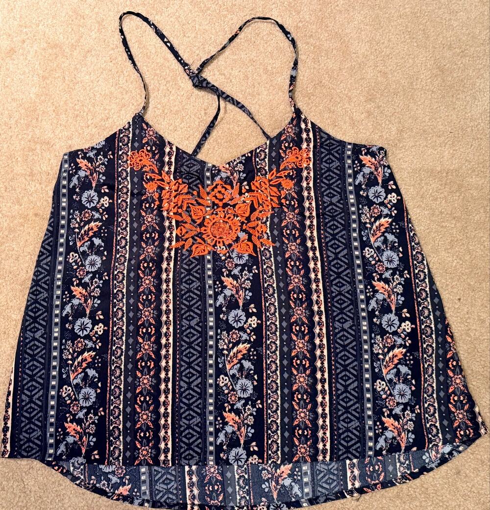 Hollister Co. Embroidered Bohemian Tank Top Navy Blue Floral Festival XS